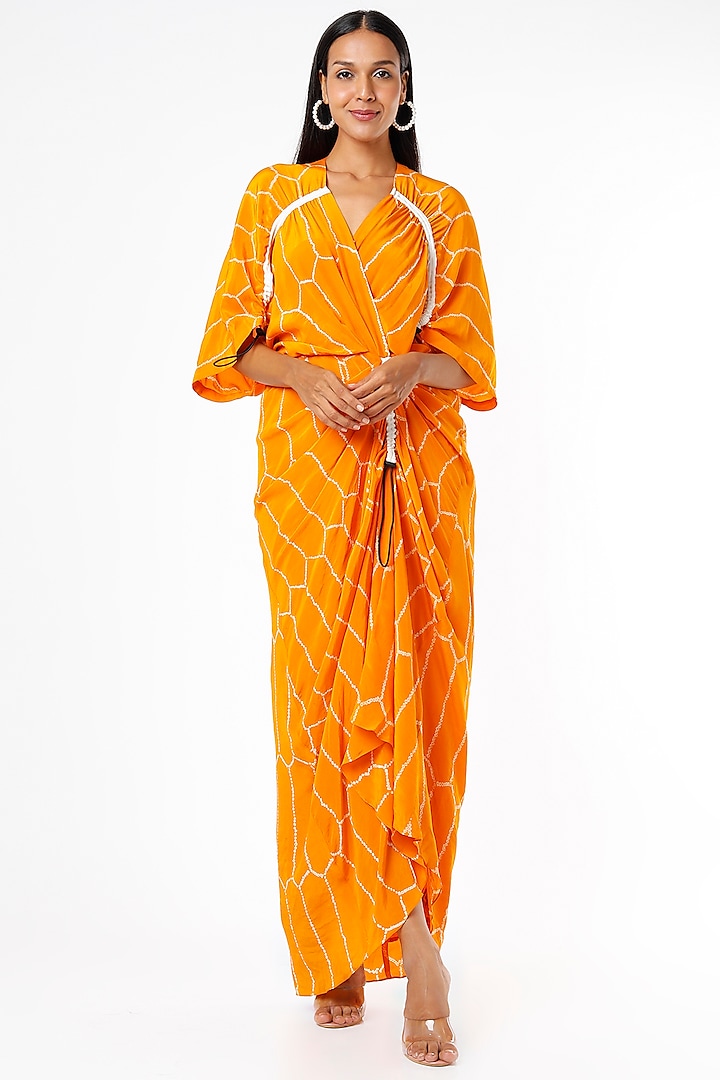 Mustard Crepe Printed Wrap Dress by Nupur Kanoi at Pernia's Pop Up Shop