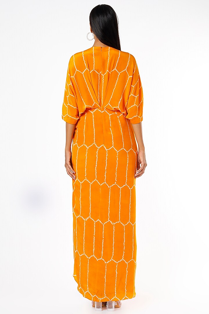 Mustard Crepe Printed Wrap Cocktail Dress by Nupur Kanoi at Pernia's Pop Up Shop