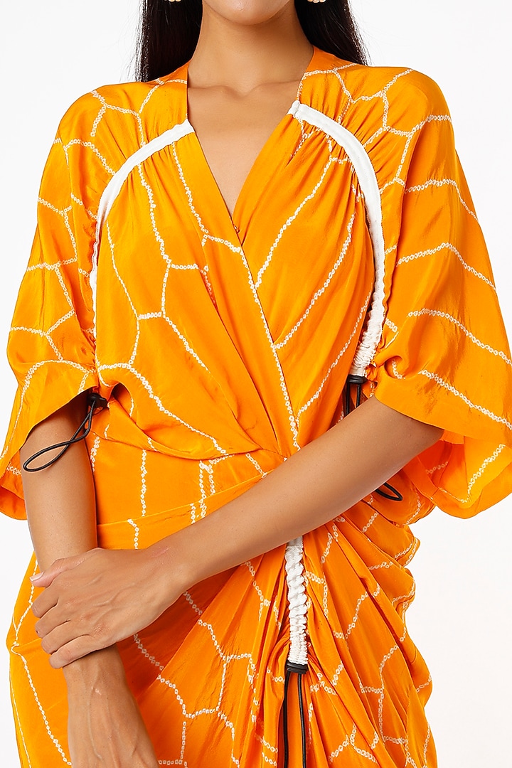 Mustard Crepe Printed Wrap Cocktail Dress by Nupur Kanoi at Pernia's Pop Up Shop