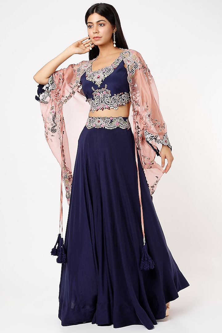 Old Rose & Blue Embroidered Cape Set by Nupur Kanoi at Pernia's Pop Up Shop