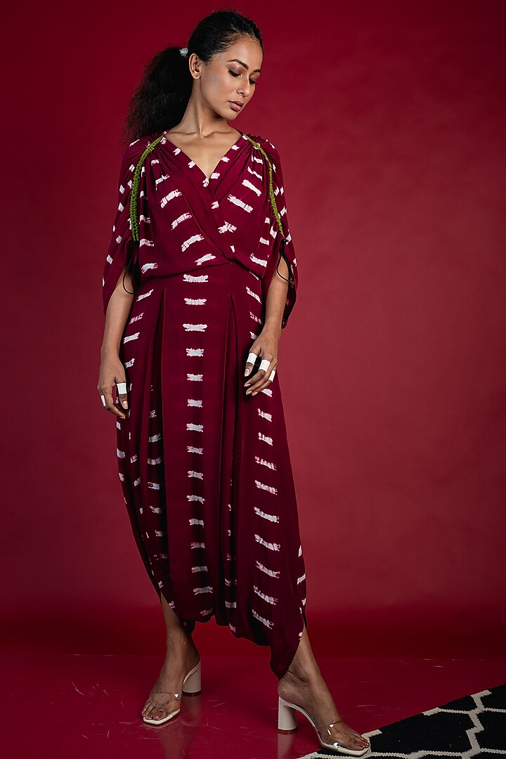 Burgundy Printed Knotted Jumpsuit by Nupur Kanoi