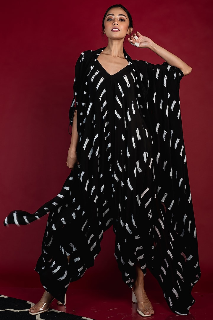 Black Crepe Jumpsuit With Tail Coat by Nupur Kanoi
