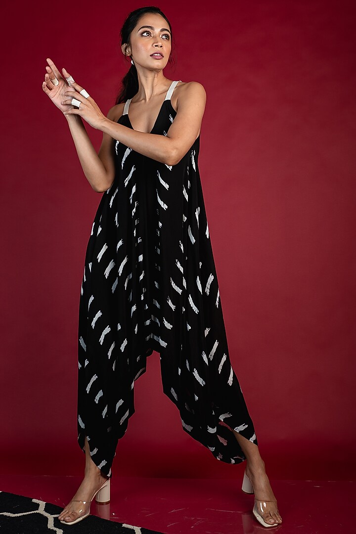 Black Crepe Jumpsuit With Tail Coat by Nupur Kanoi at Pernia's Pop Up Shop