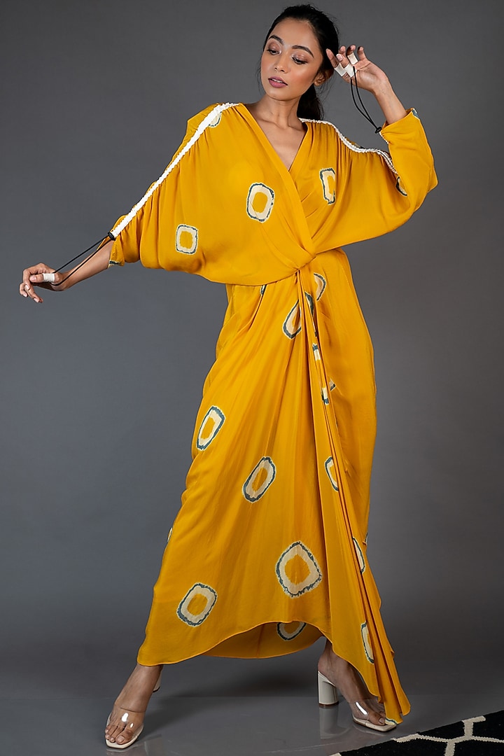 Mustard & Grey Crepe Printed Dress by Nupur Kanoi