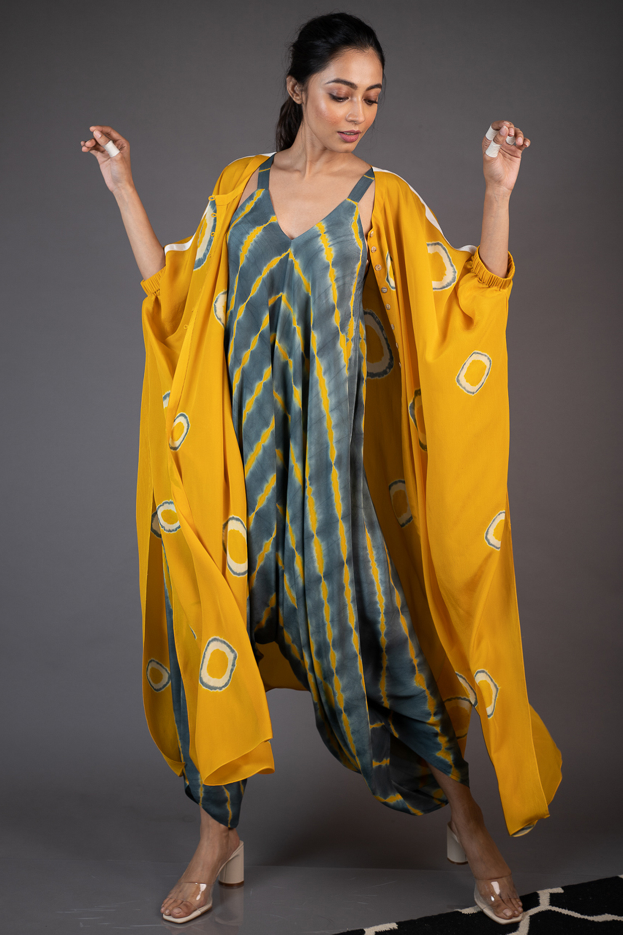 Grey Crepe Jumpsuit With Kaftan Jacket by Nupur Kanoi at Pernia's Pop Up Shop