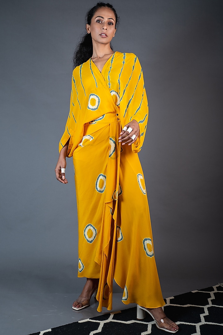 Mustard & Grey Crepe Wrapped Dress by Nupur Kanoi
