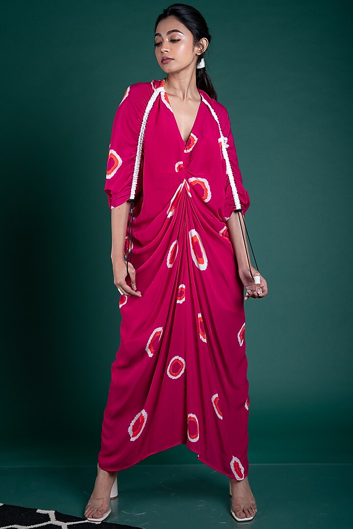 Rani Pink & Orange Printed Rekha Dress by Nupur Kanoi