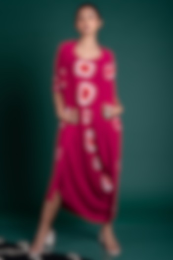 Rani Pink Crepe Polka Printed Jacket Vacation Dress by Nupur Kanoi at Pernia's Pop Up Shop