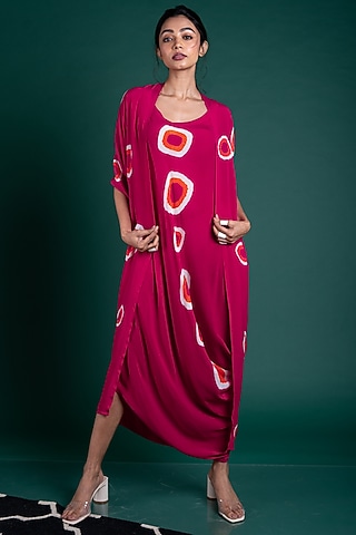 Rani Pink Crepe Polka Printed Jacket Dress by Nupur Kanoi