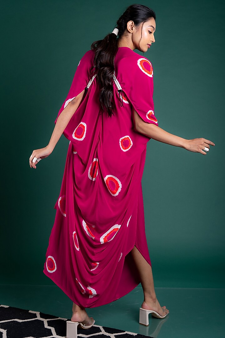 Rani Pink Crepe Polka Printed Jacket Vacation Dress by Nupur Kanoi at Pernia's Pop Up Shop