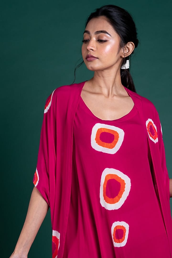 Rani Pink Crepe Polka Printed Jacket Vacation Dress by Nupur Kanoi at Pernia's Pop Up Shop