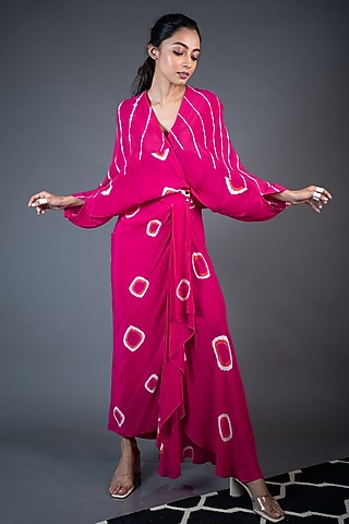 Rani Pink Crepe Leheriya Printed Wrap Dress by Nupur Kanoi