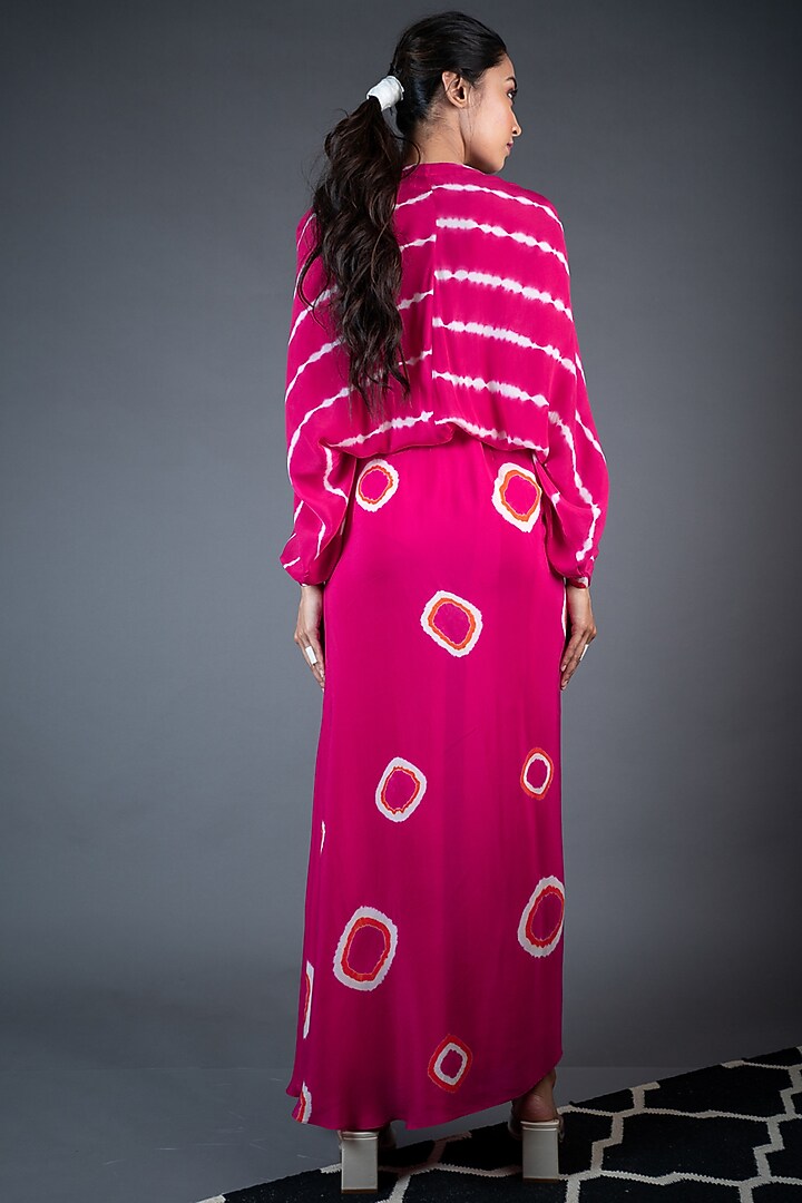 Rani Pink Crepe Leheriya Printed Wrap Vacation Dress by Nupur Kanoi at Pernia's Pop Up Shop