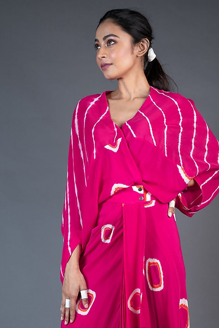 Rani Pink Crepe Leheriya Printed Wrap Vacation Dress by Nupur Kanoi at Pernia's Pop Up Shop
