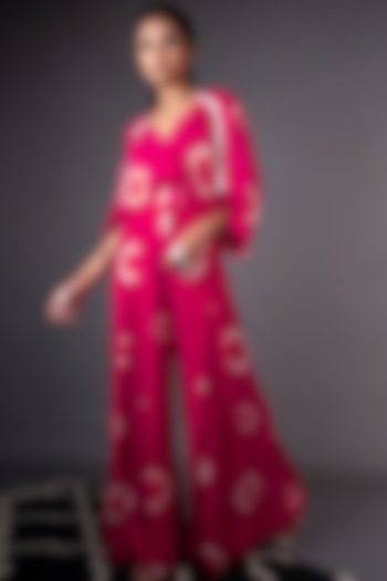 Rani Pink Printed Box-Pleated Kimono Jumpsuit by Nupur Kanoi