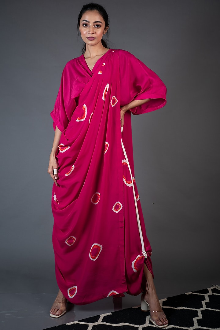 Rani Pink Crepe Polka Printed Dhoti Saree Set by Nupur Kanoi