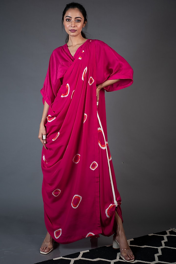 Rani Pink Crepe Polka Printed Dhoti Saree Set by Nupur Kanoi at Pernia's Pop Up Shop