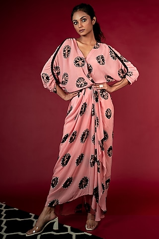 Old Rose Crepe Shibori Printed Elasticated Dress by Nupur Kanoi