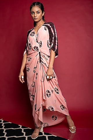 Old Rose Crepe Shibori & Leheriya Printed Maxi Dress by Nupur Kanoi