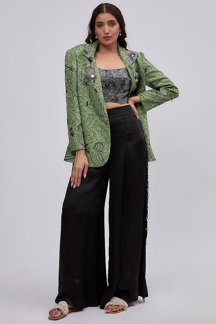 Jade Silk & Satin Printed Blazer Set by Nupur Kanoi