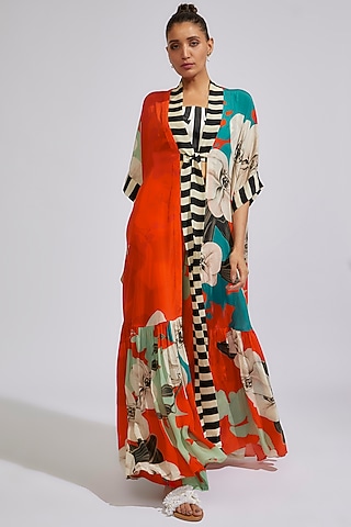 Tangerine Crepe Digital Printed Jacket Set by Nupur Kanoi
