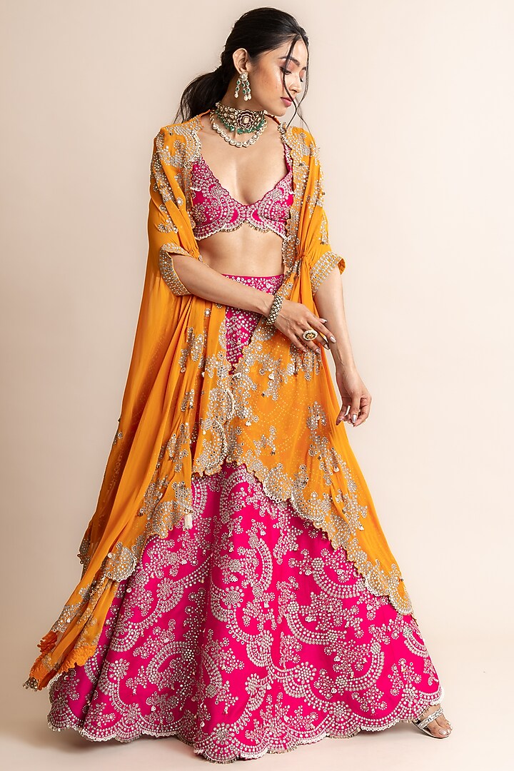 Fuchsia Crepe Hand Embroidered Jacket Bridal Lehenga Set by Nupur Kanoi at Pernia's Pop Up Shop