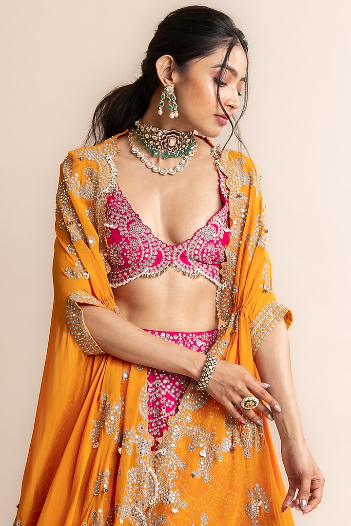 Fuchsia Crepe Hand Embroidered Jacket Bridal Lehenga Set by Nupur Kanoi at Pernia's Pop Up Shop