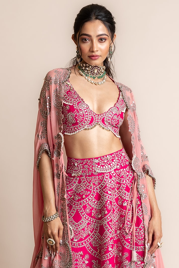 Fuchsia Crepe Hand Embroidered Jacket Bridal Lehenga Set by Nupur Kanoi at Pernia's Pop Up Shop
