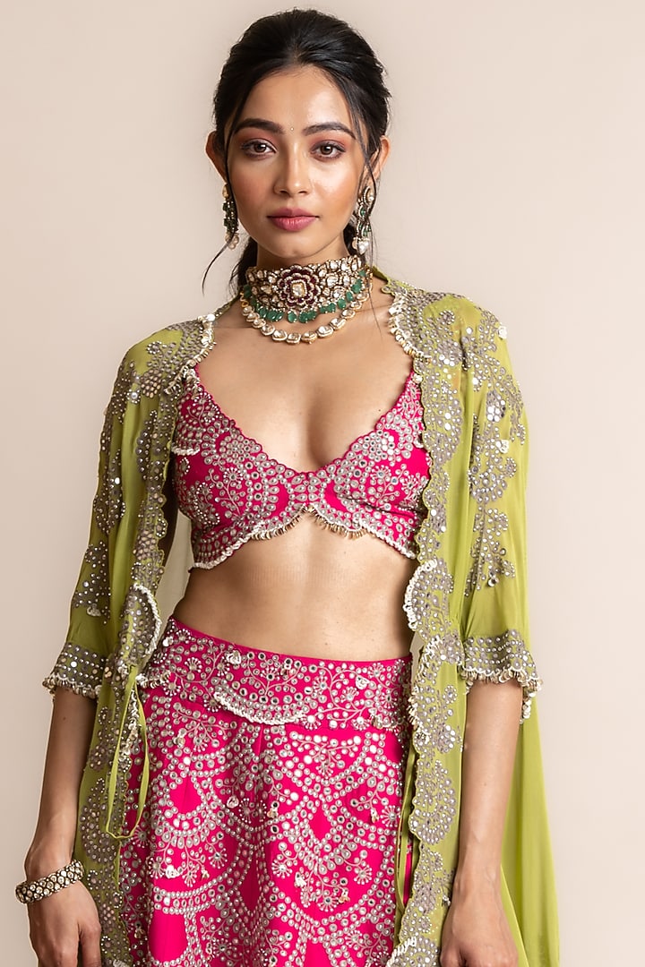 Fuchsia Crepe Hand Embroidered Jacket Bridal Lehenga Set by Nupur Kanoi at Pernia's Pop Up Shop