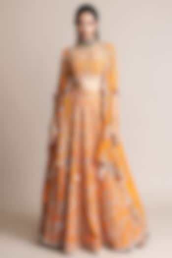 Orange Crepe Hand Embroidered Jacket Bridal Lehenga Set by Nupur Kanoi at Pernia's Pop Up Shop