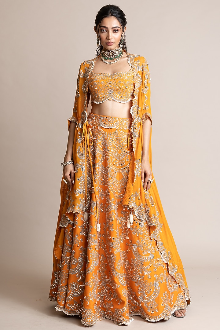 Orange Crepe Hand Embroidered Jacket Bridal Lehenga Set by Nupur Kanoi at Pernia's Pop Up Shop
