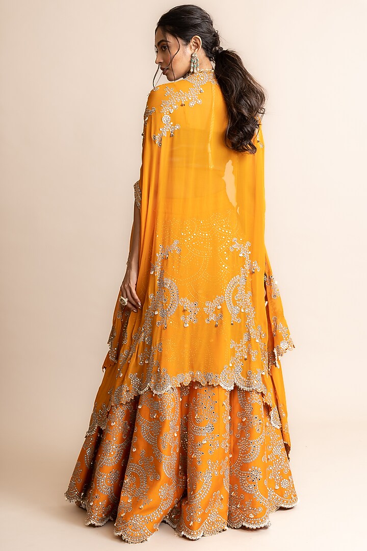 Orange Crepe Hand Embroidered Jacket Bridal Lehenga Set by Nupur Kanoi at Pernia's Pop Up Shop