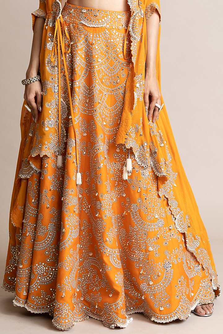 Orange Crepe Hand Embroidered Jacket Bridal Lehenga Set by Nupur Kanoi at Pernia's Pop Up Shop