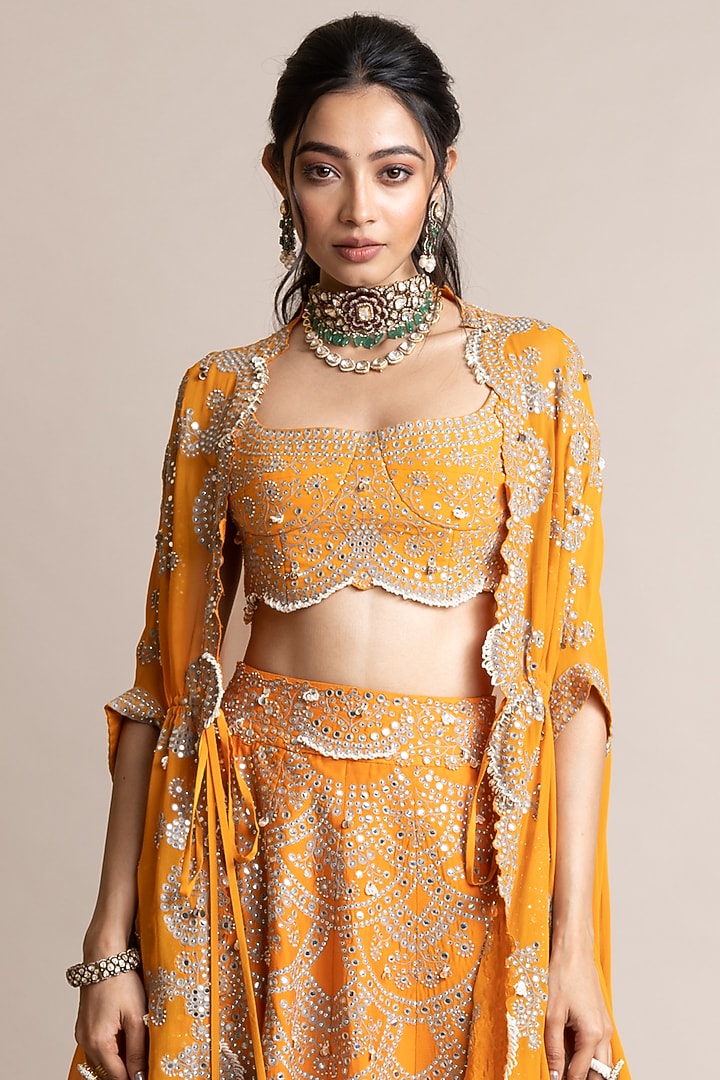 Orange Crepe Hand Embroidered Jacket Bridal Lehenga Set by Nupur Kanoi at Pernia's Pop Up Shop