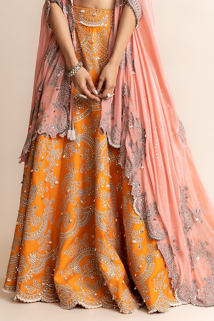 Orange Crepe Hand Embroidered Jacket Bridal Lehenga Set by Nupur Kanoi at Pernia's Pop Up Shop