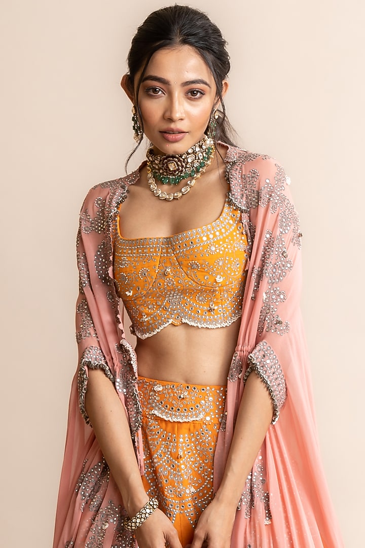Orange Crepe Hand Embroidered Jacket Bridal Lehenga Set by Nupur Kanoi at Pernia's Pop Up Shop