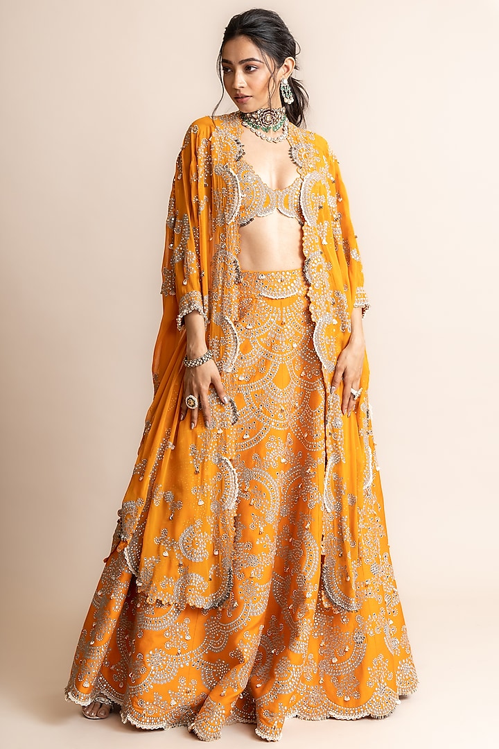 Orange Crepe Hand Embroidered Jacket Bridal Lehenga Set by Nupur Kanoi at Pernia's Pop Up Shop