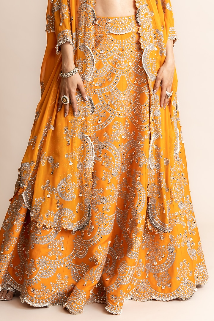 Orange Crepe Hand Embroidered Jacket Bridal Lehenga Set by Nupur Kanoi at Pernia's Pop Up Shop
