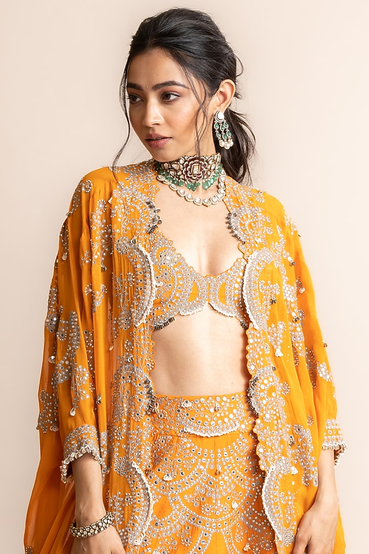 Orange Crepe Hand Embroidered Jacket Bridal Lehenga Set by Nupur Kanoi at Pernia's Pop Up Shop