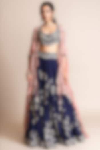 Navy Silk & Crepe Hand Embroidered Jacket Bridal Lehenga Set by Nupur Kanoi at Pernia's Pop Up Shop
