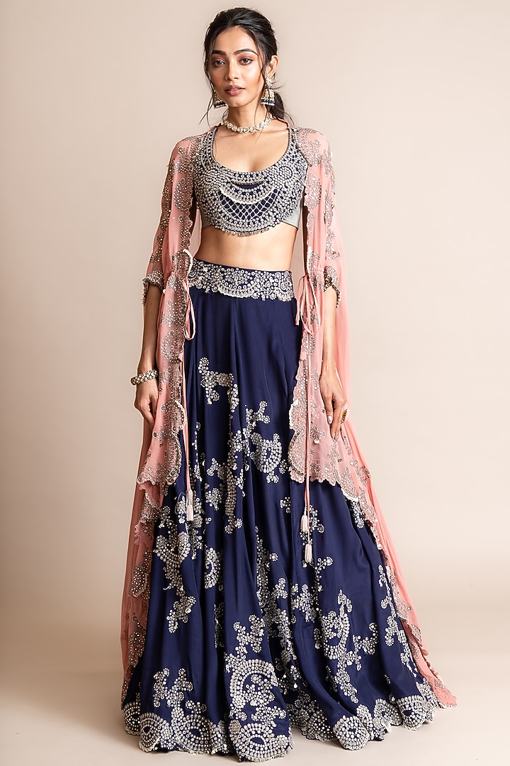 Navy Silk & Crepe Hand Embroidered Jacket Bridal Lehenga Set by Nupur Kanoi at Pernia's Pop Up Shop
