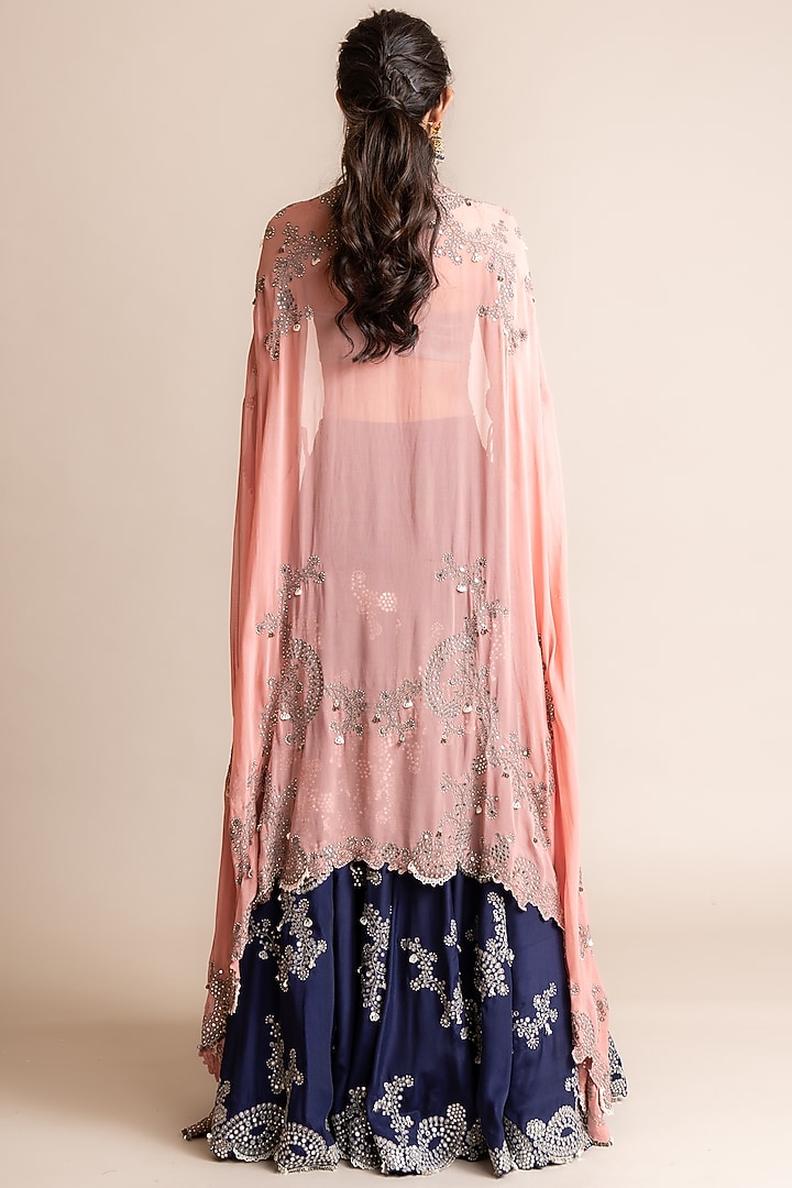 Navy Silk & Crepe Hand Embroidered Jacket Bridal Lehenga Set by Nupur Kanoi at Pernia's Pop Up Shop