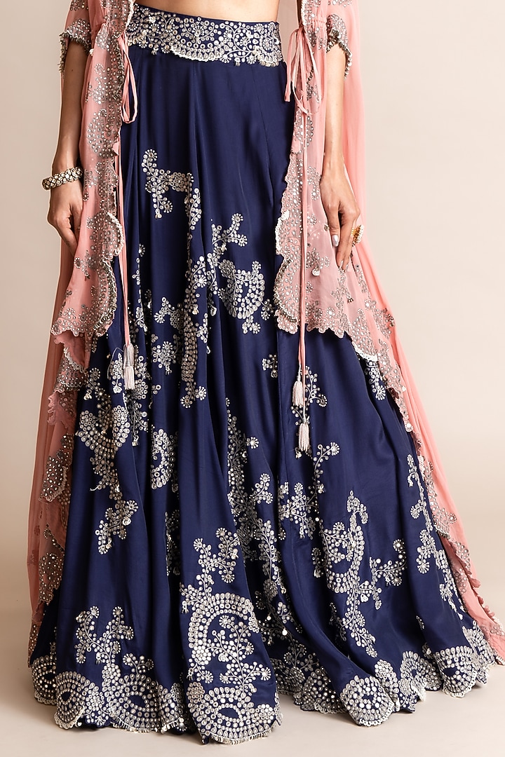 Navy Silk & Crepe Hand Embroidered Jacket Bridal Lehenga Set by Nupur Kanoi at Pernia's Pop Up Shop