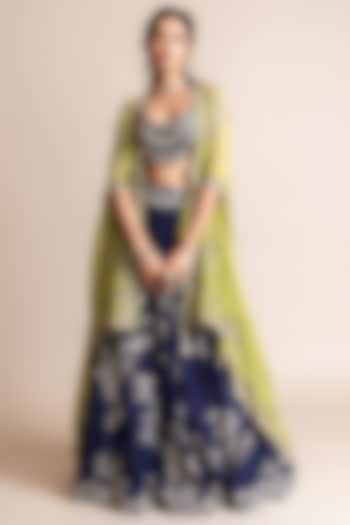 Navy Silk & Crepe Hand Embroidered Jacket Bridal Lehenga Set by Nupur Kanoi at Pernia's Pop Up Shop