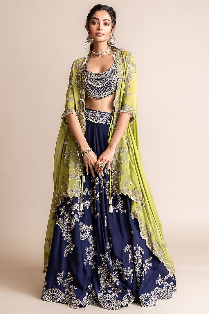 Navy Silk & Crepe Hand Embroidered Jacket Bridal Lehenga Set by Nupur Kanoi at Pernia's Pop Up Shop