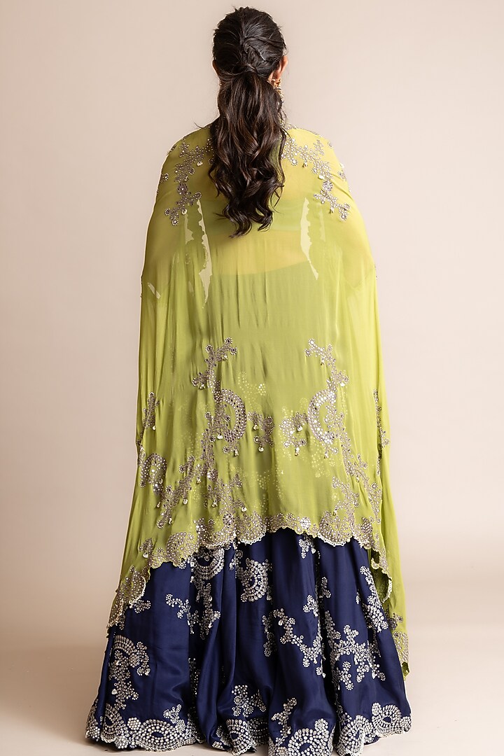 Navy Silk & Crepe Hand Embroidered Jacket Bridal Lehenga Set by Nupur Kanoi at Pernia's Pop Up Shop
