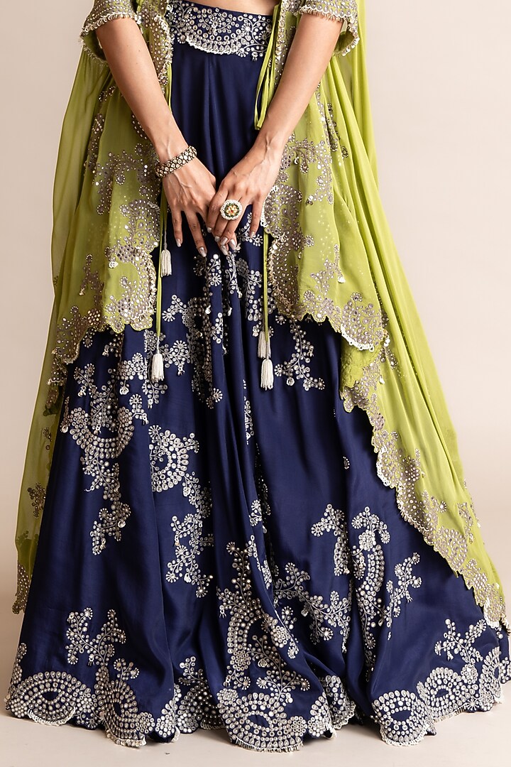 Navy Silk & Crepe Hand Embroidered Jacket Bridal Lehenga Set by Nupur Kanoi at Pernia's Pop Up Shop