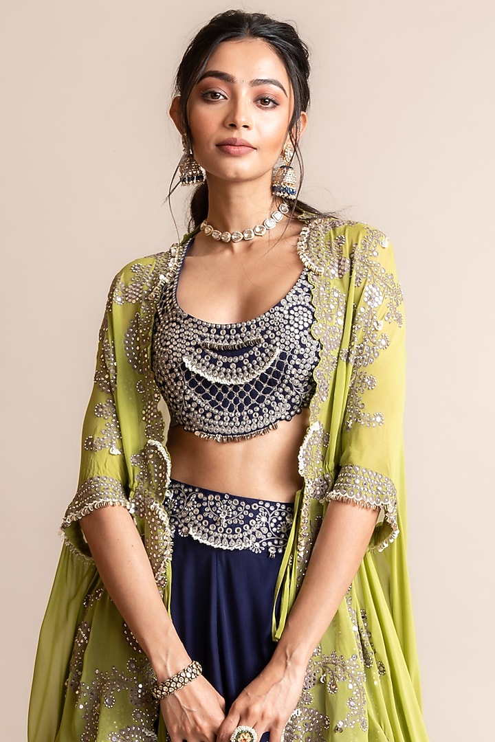 Navy Silk & Crepe Hand Embroidered Jacket Bridal Lehenga Set by Nupur Kanoi at Pernia's Pop Up Shop