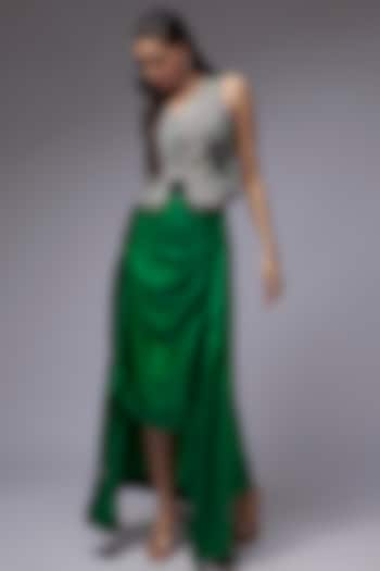 Green Crepe & Satin Skirt Set by Nupur Kanoi at Pernia's Pop Up Shop