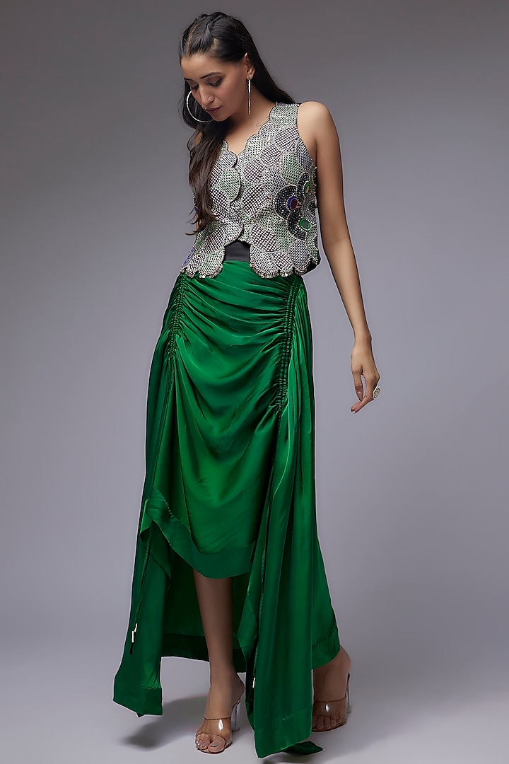 Green Crepe & Satin Skirt Set by Nupur Kanoi
